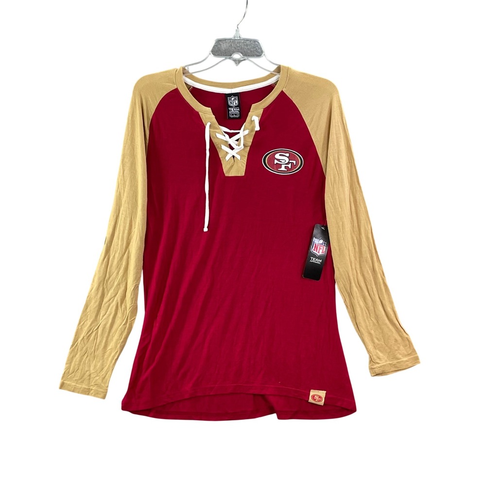 NFL San Francisco 49ers Shirt Women's Large Red Gold Lace Up Long Sleeve Raglan‎